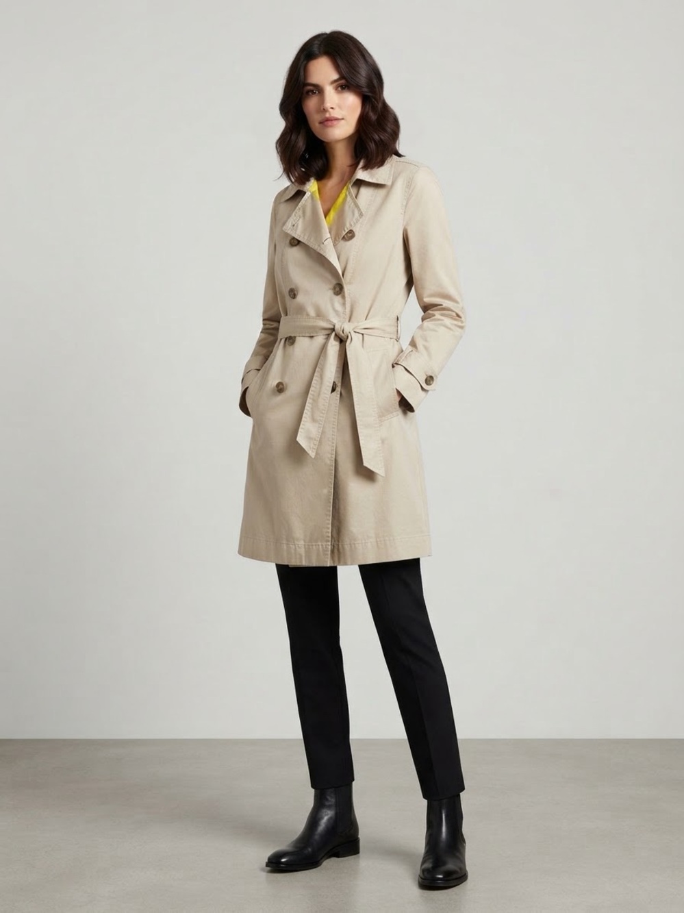 Old Navy Trench Coat Beige Khaki Double-Breasted  with Tie Belt Fall Outerwear